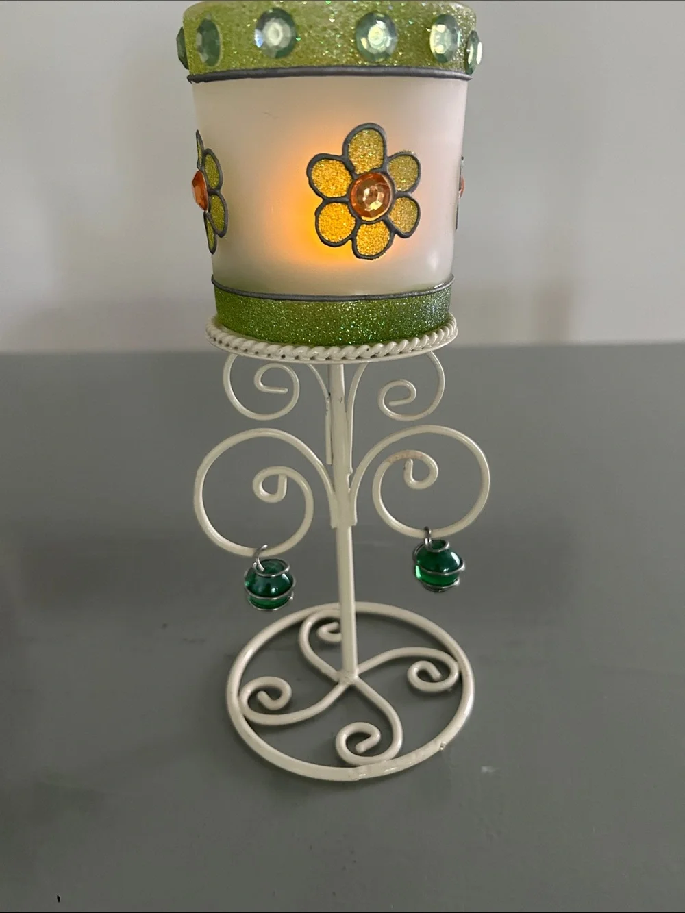Tea Light green flowered candle holder with green gems H 8.5 inches